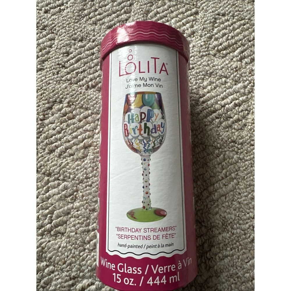Lolita "Happy Birthday" Streamers Candles Hand‎ Painted Love My Wine Glass NEW